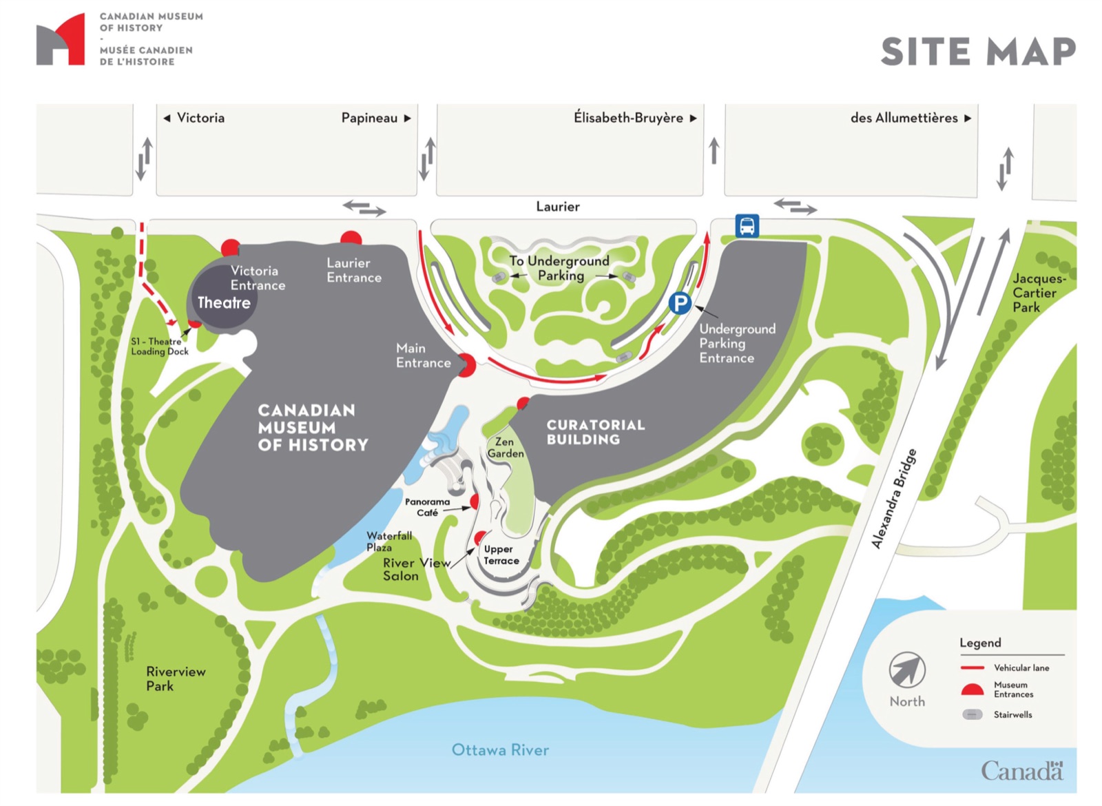 Canadian Museum of History site map: the Laurier Street entrances, the underground parking entrance and the theatre